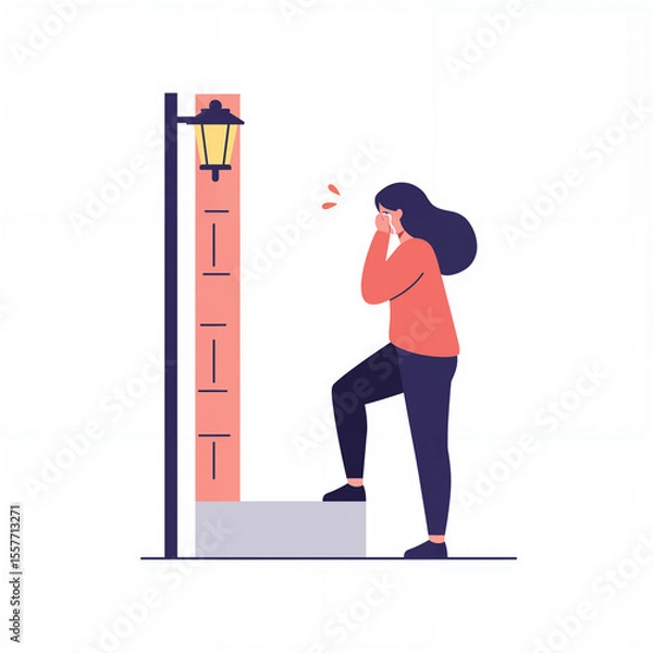 Fototapeta A woman with tears stands beside a lamppost, showing a moment of vulnerability and emotion in a minimalist style