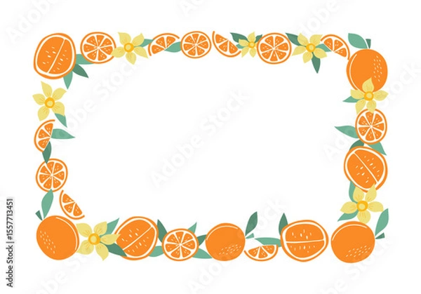Obraz Oranges, frame borde, fruits and flowers. Slices of fruity, natural food. Orange wreath, empty summer background with space for text. Color flat illustration. Isolated white background.