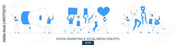 Fototapeta Digital marketing, client feedback illustrations set in thin line style. Public review abstract linear vector design concepts. Social media survey flat icons. Business people characters team work.