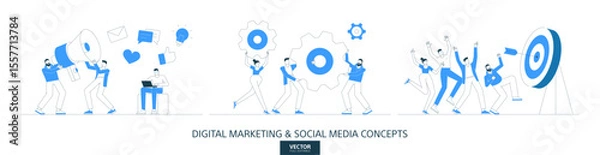 Fototapeta Digital marketing, efficient system illustrations set in thin line style. Company process abstract linear vector design concepts. Social media support flat icons. Business people characters team work.