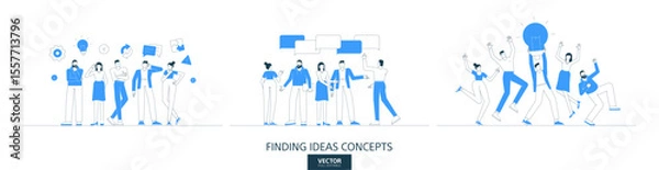 Fototapeta Creative idea illustrations set in thin line style. Conversation, feedback abstract linear vector design concepts. Group brainstorm, speech bubble talk flat icons. Business people characters team work