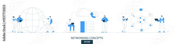 Fototapeta Cloud storage service, online work illustrations set in thin line style. Global digital server abstract linear vector design concepts. Network security flat icons. Business people characters team