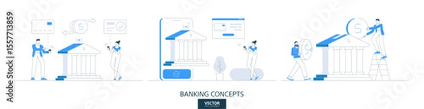 Fototapeta Online money transfer, bank customer support illustrations set in thin line style. Financial transaction service linear vector design concepts. Mobile payment flat icons. Business people team work.