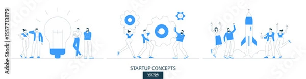 Fototapeta Startup solution illustrations set in thin line style. Creative idea abstract linear vector design concepts. Technology communication flat icon. Business people characters team work. Start up project