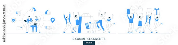 Fototapeta Retail discount illustrations set in thin line style. Happy customer abstract linear vector design concepts. Shopping cart flat icons. Business people characters team work. Payment service, retail app