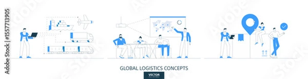 Fototapeta Supply chain, delivery service illustrations set in thin line style. Global import and export abstract linear vector design concepts. Logistics order flat icons. Business people characters team work.