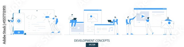 Fototapeta App development process illustrations set in thin line style. Web code abstract linear vector design concepts. Software, laptop computer screen flat icons. Business people characters team work.