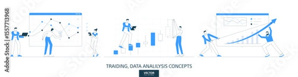 Fototapeta Market analysis, forex trading illustrations set in thin line style. Financial data dashboard abstract linear vector design concepts. Stock graph chart flat icons. Business people characters team work