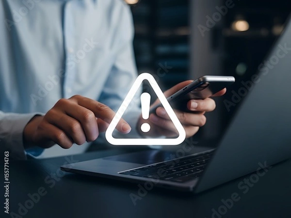Fototapeta Person using smartphone and laptop with a glowing white warning triangle symbol indicating a security alert or important notification concept