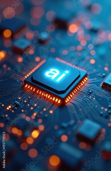 Fototapeta Close-up AI microchip on blue, orange circuit board. Illustration advanced technology, computing, digital innovation. Integrated circuit, computer chip, semiconductor, macro, CPU with AI label.