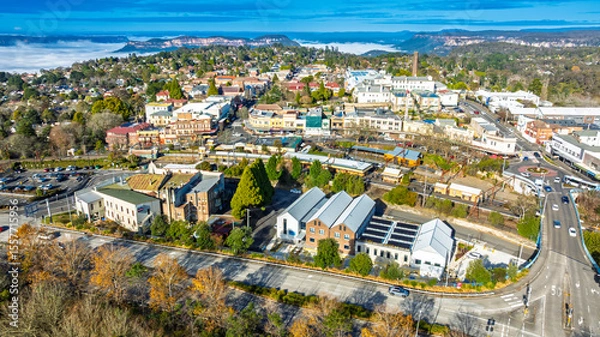 Obraz Drone aerial photograph of the picturesque and tourism town of Katoomba and the Jamison Valley full of low level clouds in the Blue Mountains, NSW, Australia.