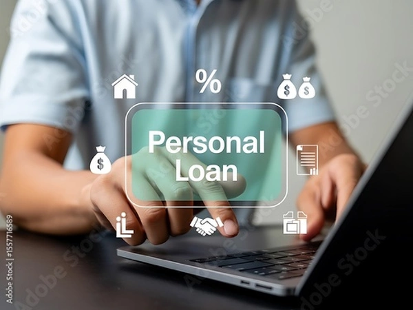 Fototapeta Man s hands interacting with a digital interface displaying personal loan options and financial icons on a laptop