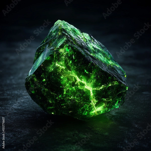 Obraz 3d close-up of a glowing cracked uranium crystal on black velvet, radioactive green light spilling out