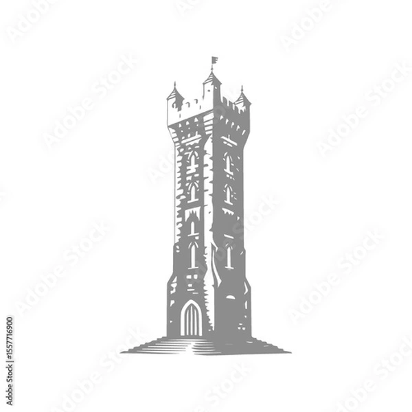 Fototapeta Detailed illustration of a tall, medieval tower with flag