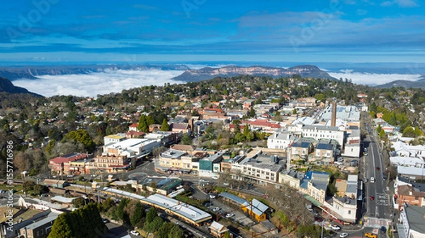 Obraz Drone aerial photograph of the picturesque and tourism town of Katoomba and the Jamison Valley full of low level clouds in the Blue Mountains, NSW, Australia.