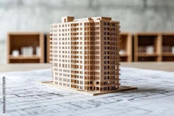 Fototapeta Architectural model of a building on blueprints with wooden display cases in the background indoors