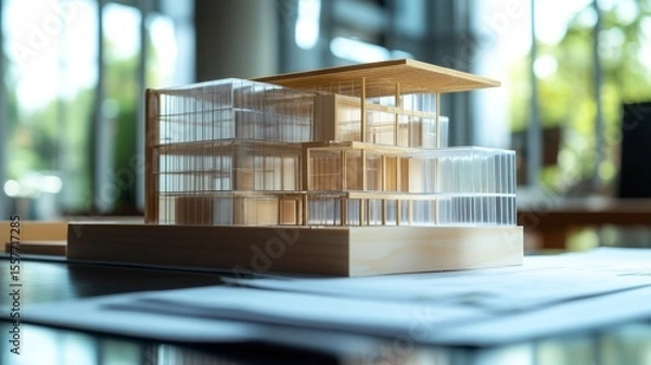 Fototapeta Architectural model of a modern building with glass walls and wooden frame on a table with plans