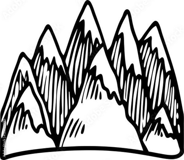 Fototapeta Hand drawn mountain peaks illustration black and white sketch, minimalist rocky landscape, simple nature art