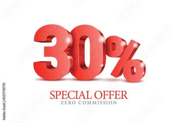 Fototapeta 30 percent number. Eighty number in red 3d. Poster template for discount, sale discount, work progress. Vector illustration