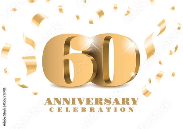 Fototapeta Anniversary 60. gold 3d numbers. Poster template for Celebrating 60th anniversary event party. Vector illustration