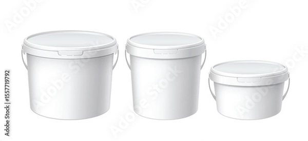 Fototapeta White plastic set bucket with White lid. Product Packaging For food, foodstuff or paints, adhesives, sealants, primers, putty. MockUp Template For Your Design. Vector illustration.