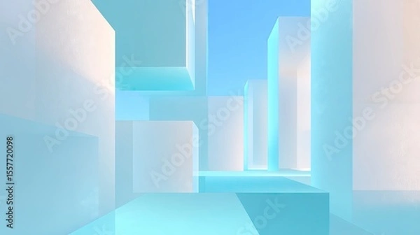 Fototapeta High-res abstract composition of geometric light panels, white and cyan hues, dimensional space