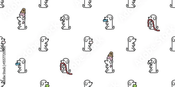 Obraz dog seamless pattern Beagle Golden Retriever sitting cartoon character ice cream tennis ball food bowl sausage hotdog puppy vector pet breed cartoon tile background gift wrapping paper repeat wallpape