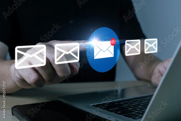 Fototapeta business man read and send mail message on laptop computer, chat message, cyber security, digital marketing, contact us, new email notification, finance, internet network technology concept