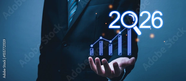 Fototapeta Business Growth Strategy. business man in suit with graph chart diagram on year 2026, investment, business planning, change from 2025 to 2026, goal target, growth and development company concept