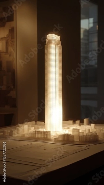 Fototapeta Illuminated architectural model of a skyscraper and surrounding buildings on a table in a dark room