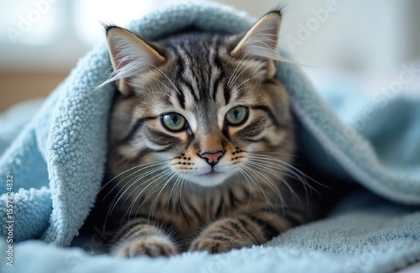 Fototapeta Fluffy cat wrapped cozy blue towel. Pet rests, looks at camera. Domestic animal, cute kitten, comfortable, relaxing, safe, calm. Happy, sweet, adorable, clean. Portrait of feline.