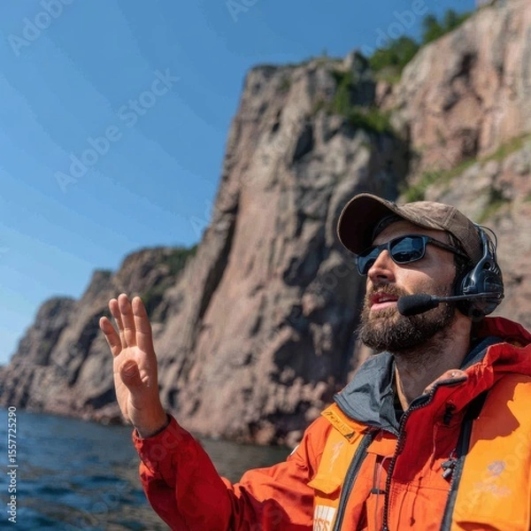 Obraz Guide communicating with visitors near coastal cliffs on a clear sunny day in a scenic marine environment