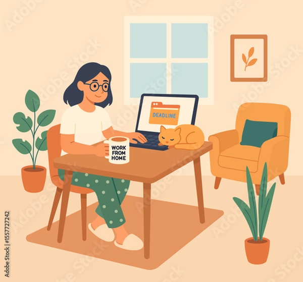 Fototapeta Flat vector illustration of a young woman working from home in cozy pajamas, with a cat, coffee mug, and laptop. Perfect for concepts of remote work, freelance, and work-life balance.