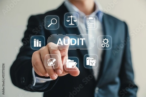 Fototapeta Businessman s finger touching the audit button on a futuristic digital interface surrounded by relevant icons representing analysis and compliance