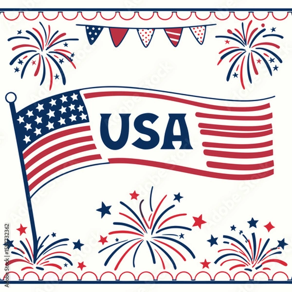 Fototapeta 4th of July border, USA banner, fireworks pattern background 