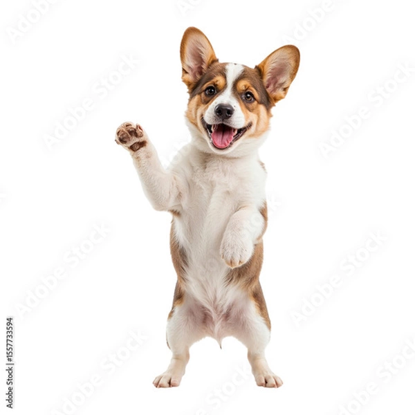 Obraz Happy corgi dog standing on hind legs waving paw isolated on a transparent background