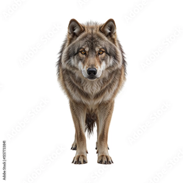 Obraz Majestic grey wolf with piercing amber eyes standing alert isolated on a transparent background