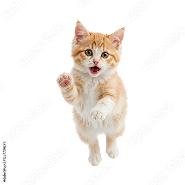 Obraz Orange and white kitten jumping with paw raised isolated on a transparent background