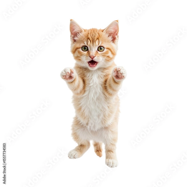 Obraz Orange tabby kitten standing on hind legs with paws raised isolated on a transparent background