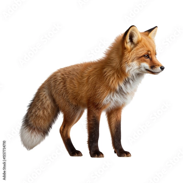 Obraz Red fox with bushy tail and white chest isolated on a transparent background vulpes