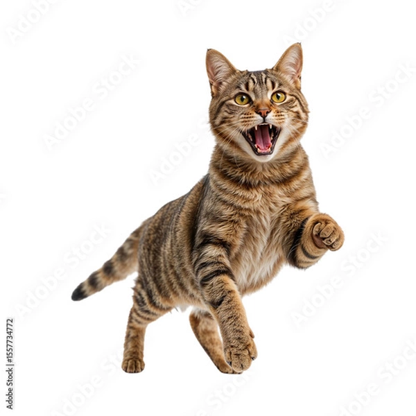Obraz Tabby cat leaping with mouth open and yellow eyes isolated on a transparent background