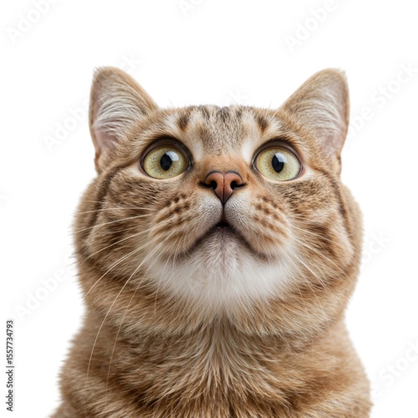 Obraz Tabby cat face looking up with wide green eyes isolated on a transparent background