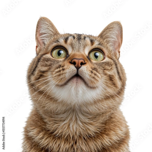 Obraz Tabby cat with green eyes looking up isolated on a transparent background feline
