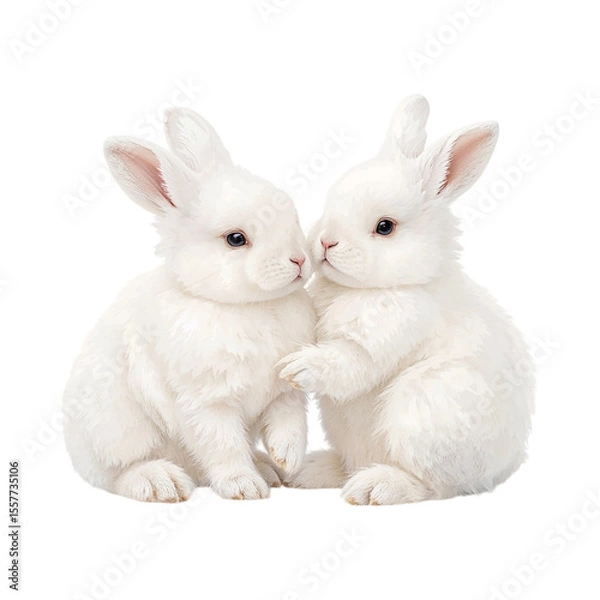 Obraz Two fluffy white bunnies cuddling closely together isolated on a transparent background