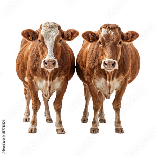 Obraz Two brown cows with white markings standing isolated on a transparent background