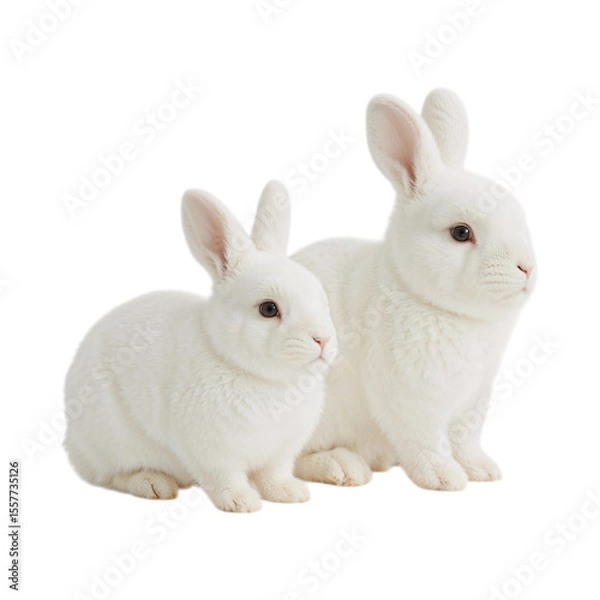 Obraz Two fluffy white rabbits sitting together isolated on a transparent background bunnies