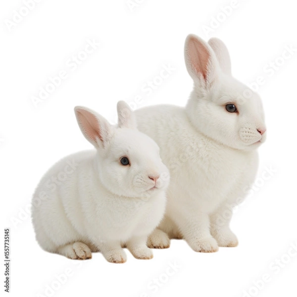 Obraz Two white rabbits sitting together isolated on a transparent background fluffy cute