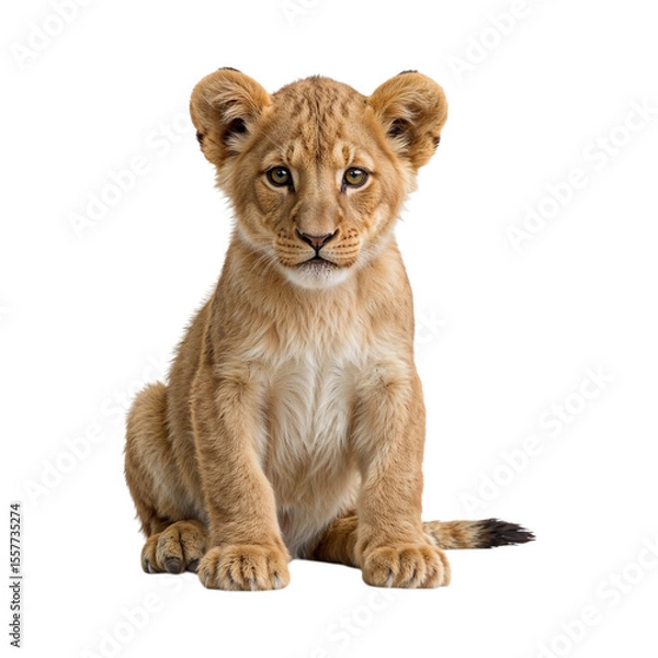 Obraz Young lion cub sitting attentively isolated on a transparent background feline big cat