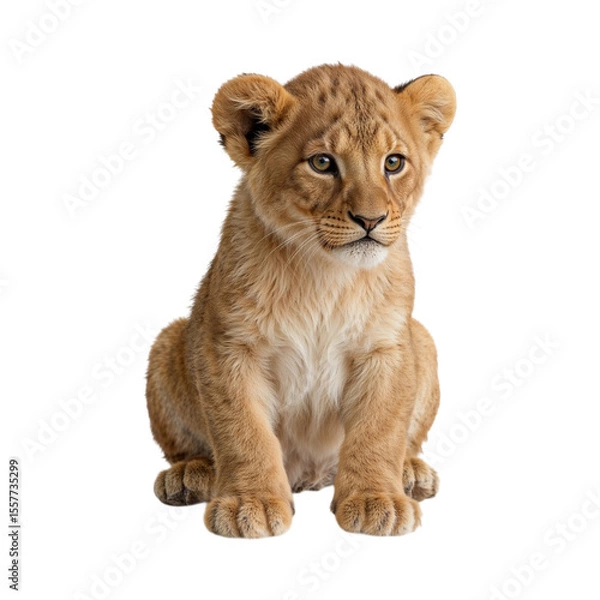 Obraz Young lion cub sitting with light brown fur and golden eyes isolated on a transparent background