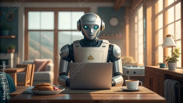 Fototapeta High-resolution AI-generated illustration of a humanoid robot using a laptop in a bright modern kitchen. A concept image symbolizing artificial intelligence in daily life, remote work, and smart home 